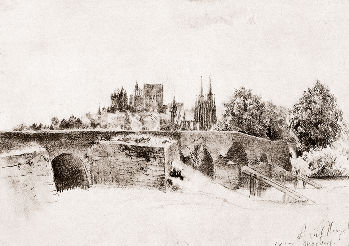  Adolpyh Von Menzel —— 有桥和城堡的风景